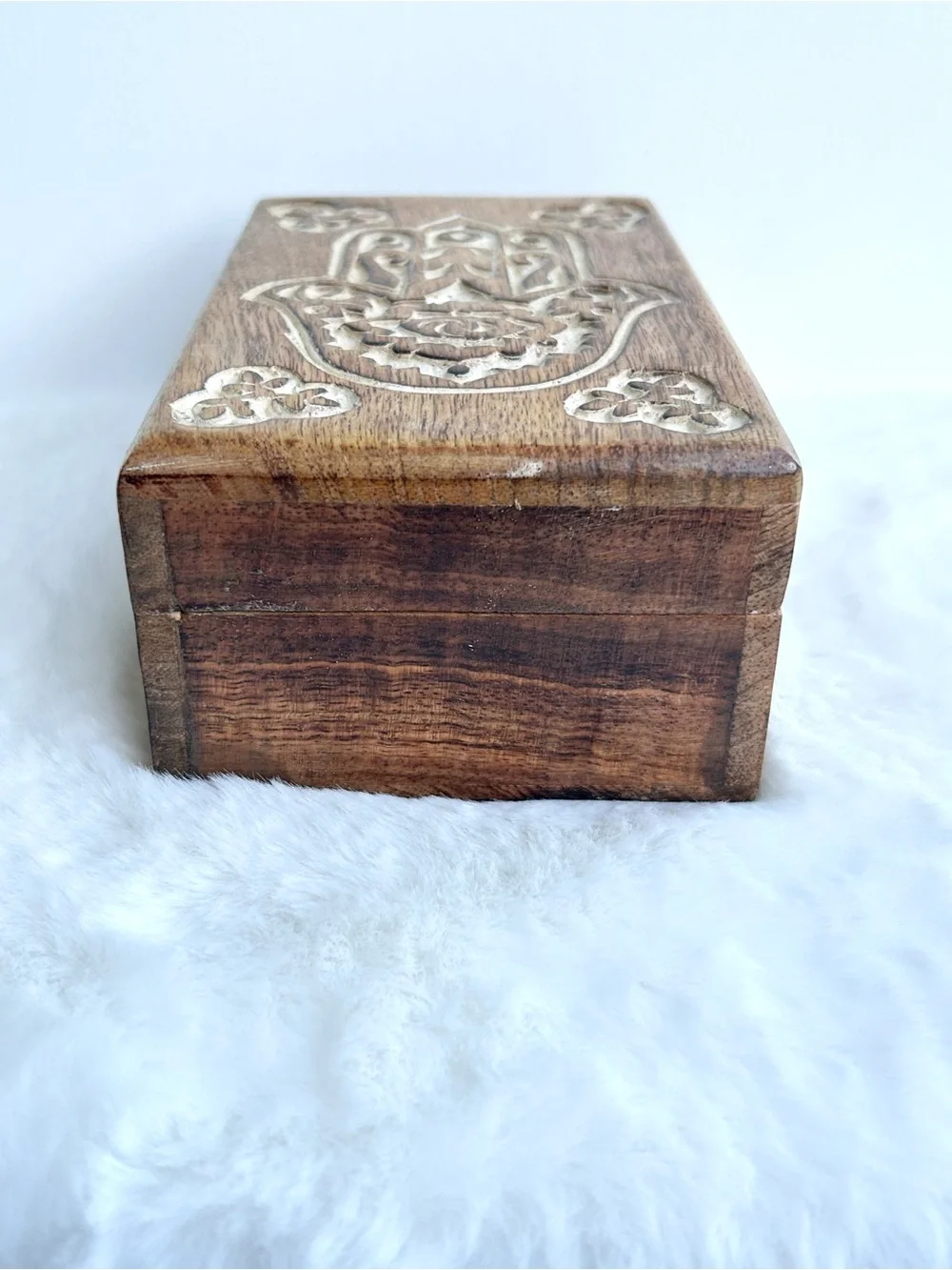 4”x6” Hand Carved Hamsa Wooden Trinket Box | Spiritual Jewelry & Crystal Storage